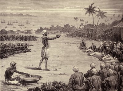 Les princes marins aux îles Fidji : Incantation du Yangona, ou bol de Kava, de The Illustrated London News, 7 janvier 1882 - English School